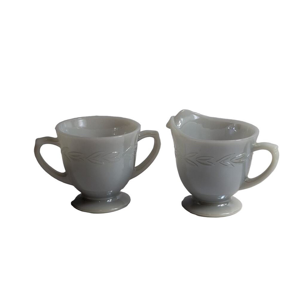 Fire-King Oven Ware Milk Glass Sugar Bowl Creamer Set Wheat White Blue USA
